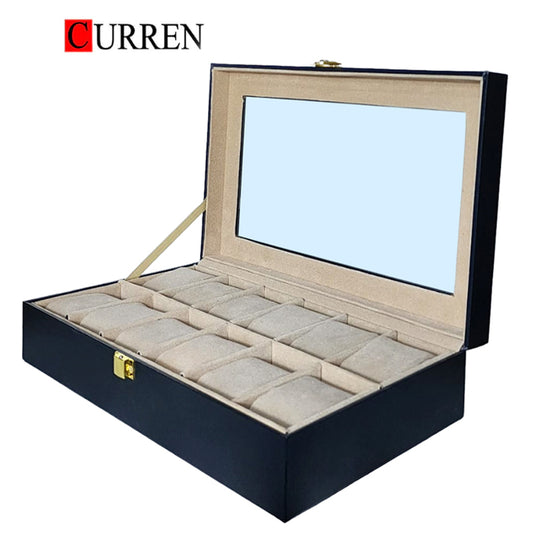 CURREN Original Brand Black PU Leather Display Collection Storage 12 Grids Watch Box
