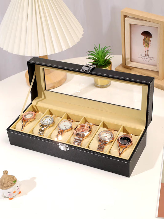 CURREN Original Brand Black PU Leather Display Collection Storage 6 Grids Watch Organizer Box