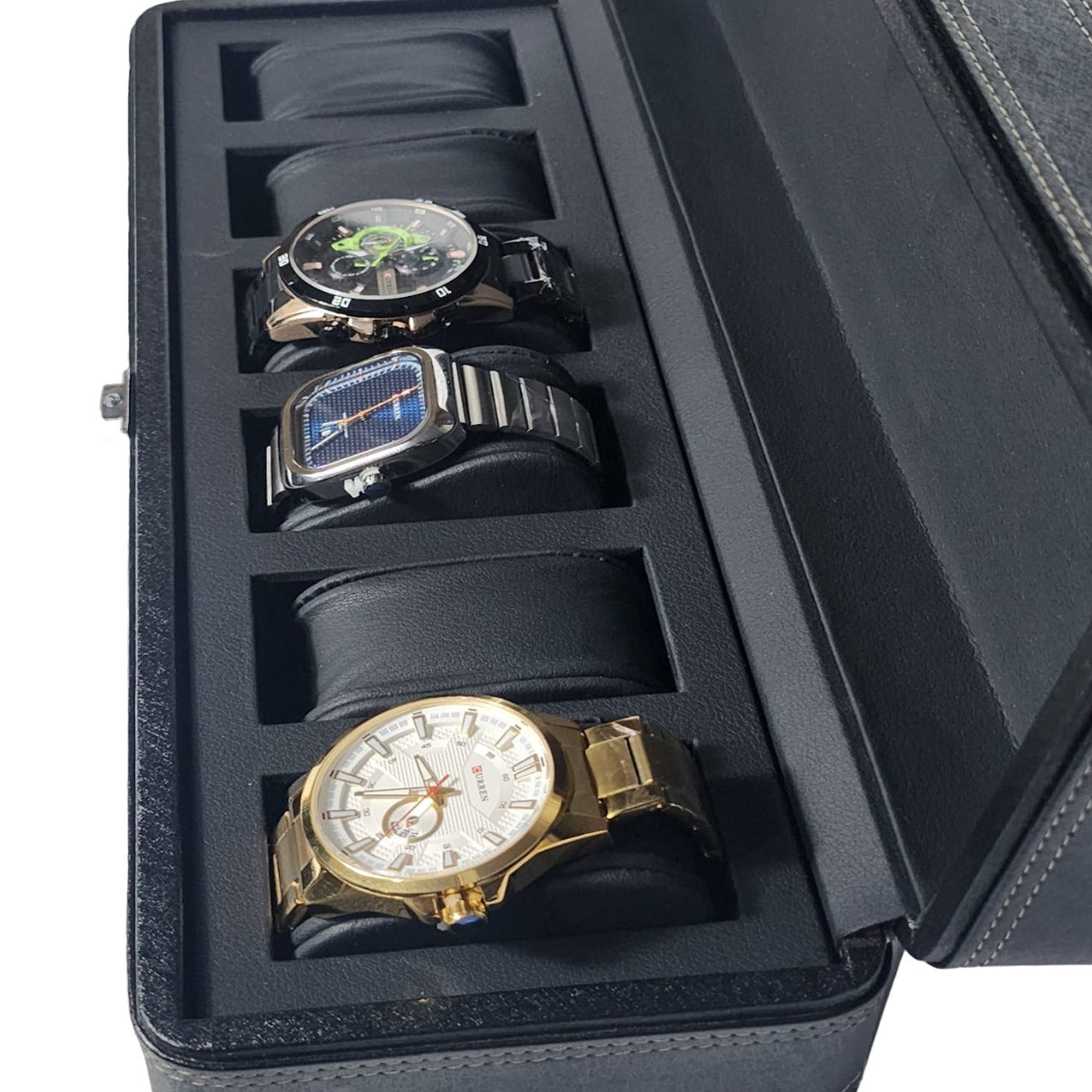 CURREN Original Brand Black PU Leather Display Collection Storage 6 Grids Watch Organizer Box