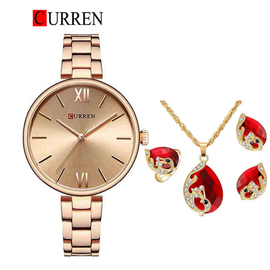 CURREN Original Brand Stainless Steel Wrist Watch & Jewellery Set For Women With Brand (Box & Bag)
