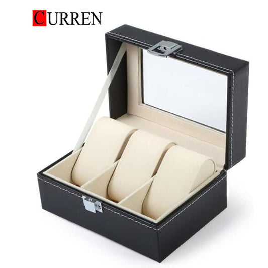 CURREN Original Brand Black PU Leather Display Collection Storage 3 Grids Watch Organizer Box