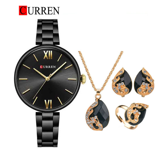 CURREN Original Brand Stainless Steel Wrist Watch & Jewellery Set For Women With Brand (Box & Bag)