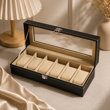 CURREN Original Brand Black PU Leather Display Collection Storage 6 Grids Watch Organizer Box