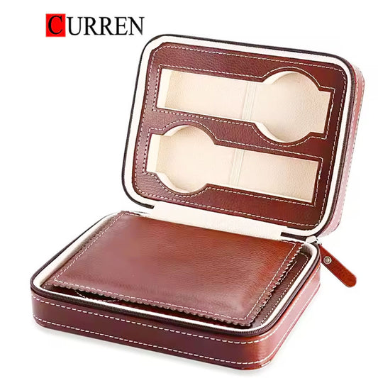 CURREN Original Brand Portable Vintage Leather Display Collection Storage 4 Slots Watch Organizer Box